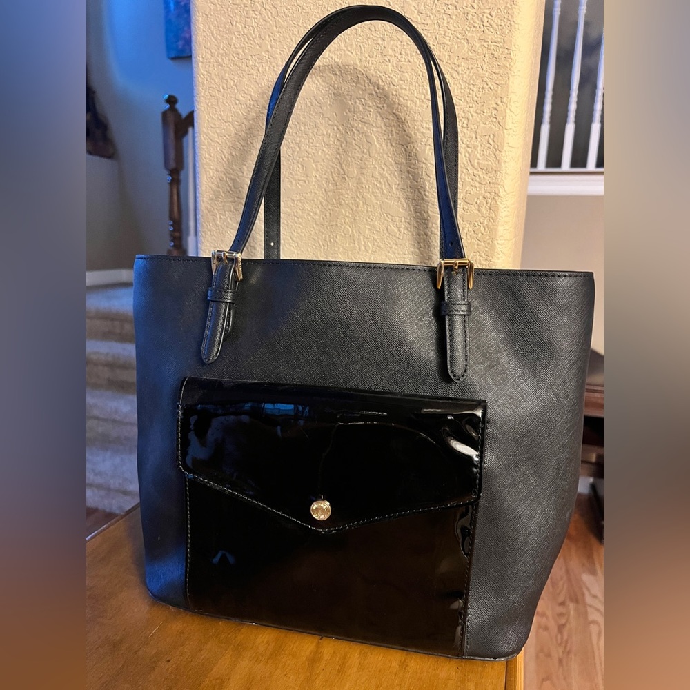 Kate Spade black tote with patent leather front pocket